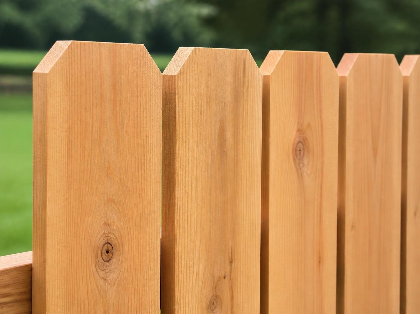 Close view of new dog-ear cedar fence pickets