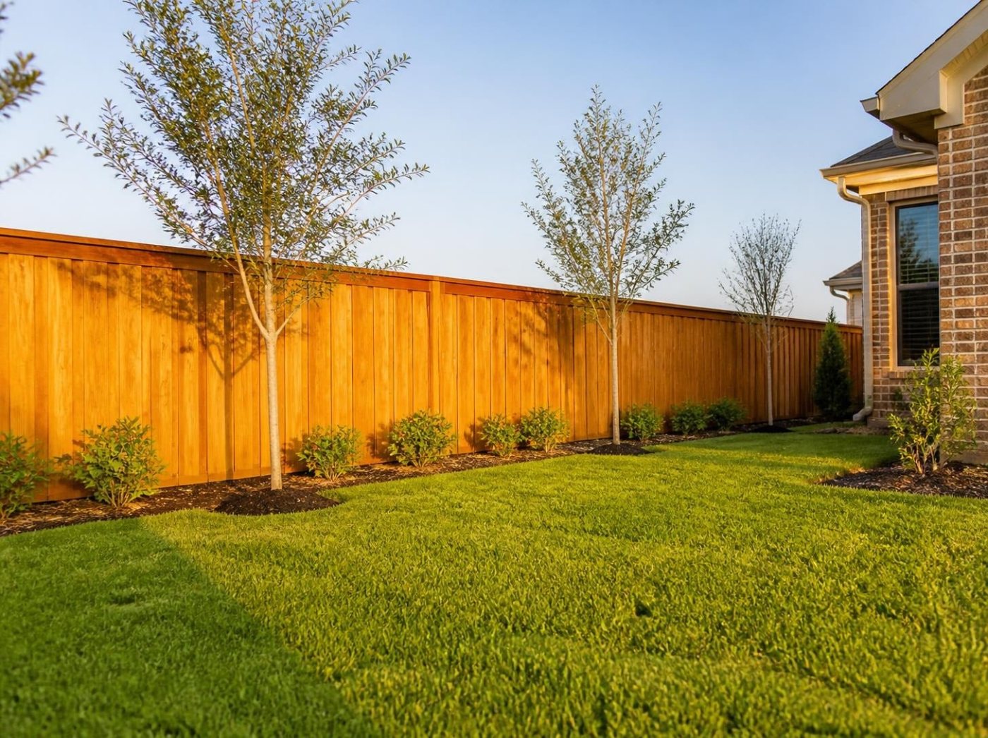 New cedar privacy fence along a backyard lawn