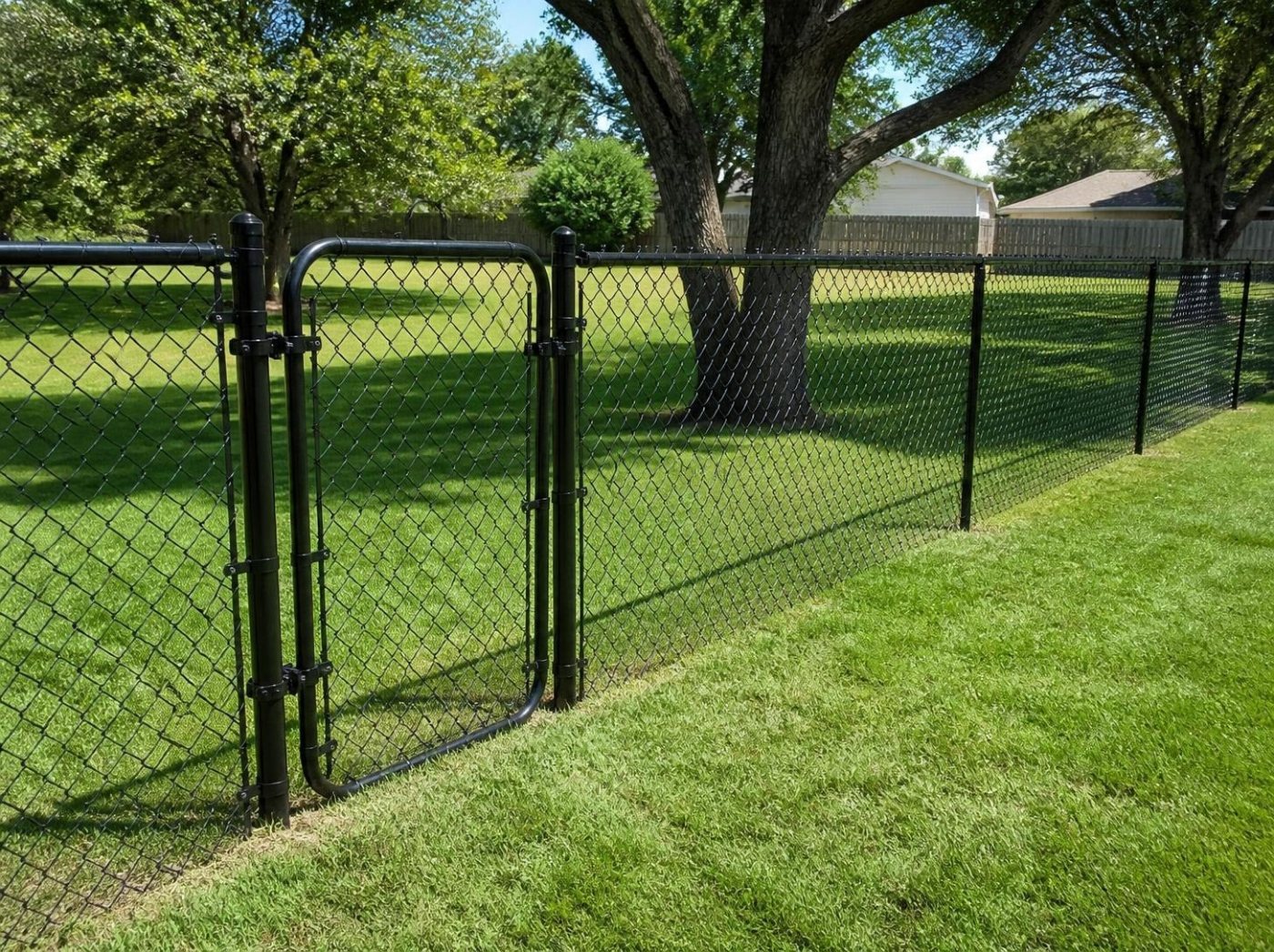 New black vinyl-coated chain link fence and walk gate in a shaded backyard
