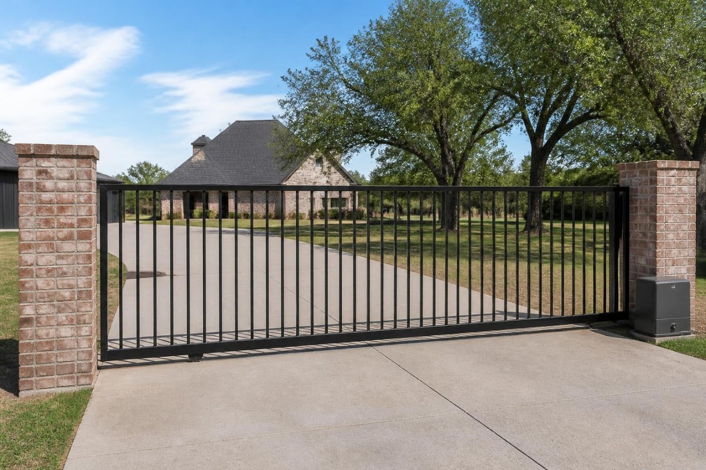 Black steel slide gate with an operator box between brick columns