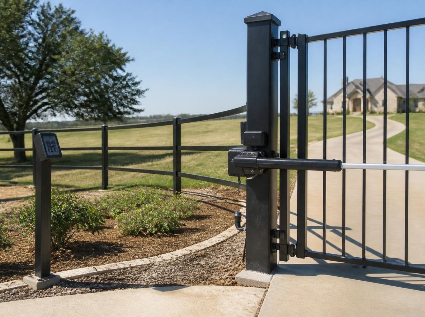 Black steel drive gate with an automatic swing arm opener and a keypad post