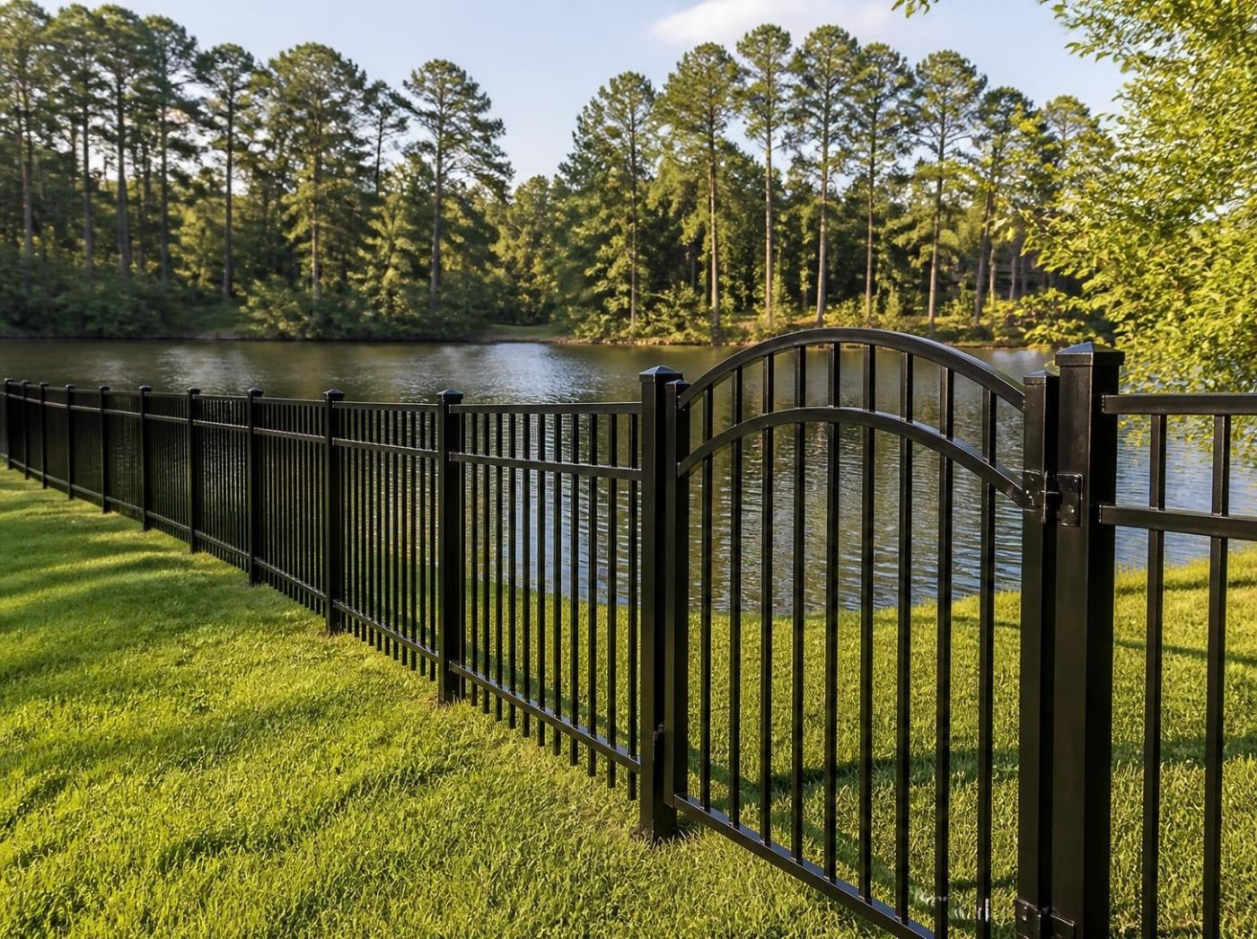Black aluminum ornamental fence with an arched gate along a pond lined with pine trees