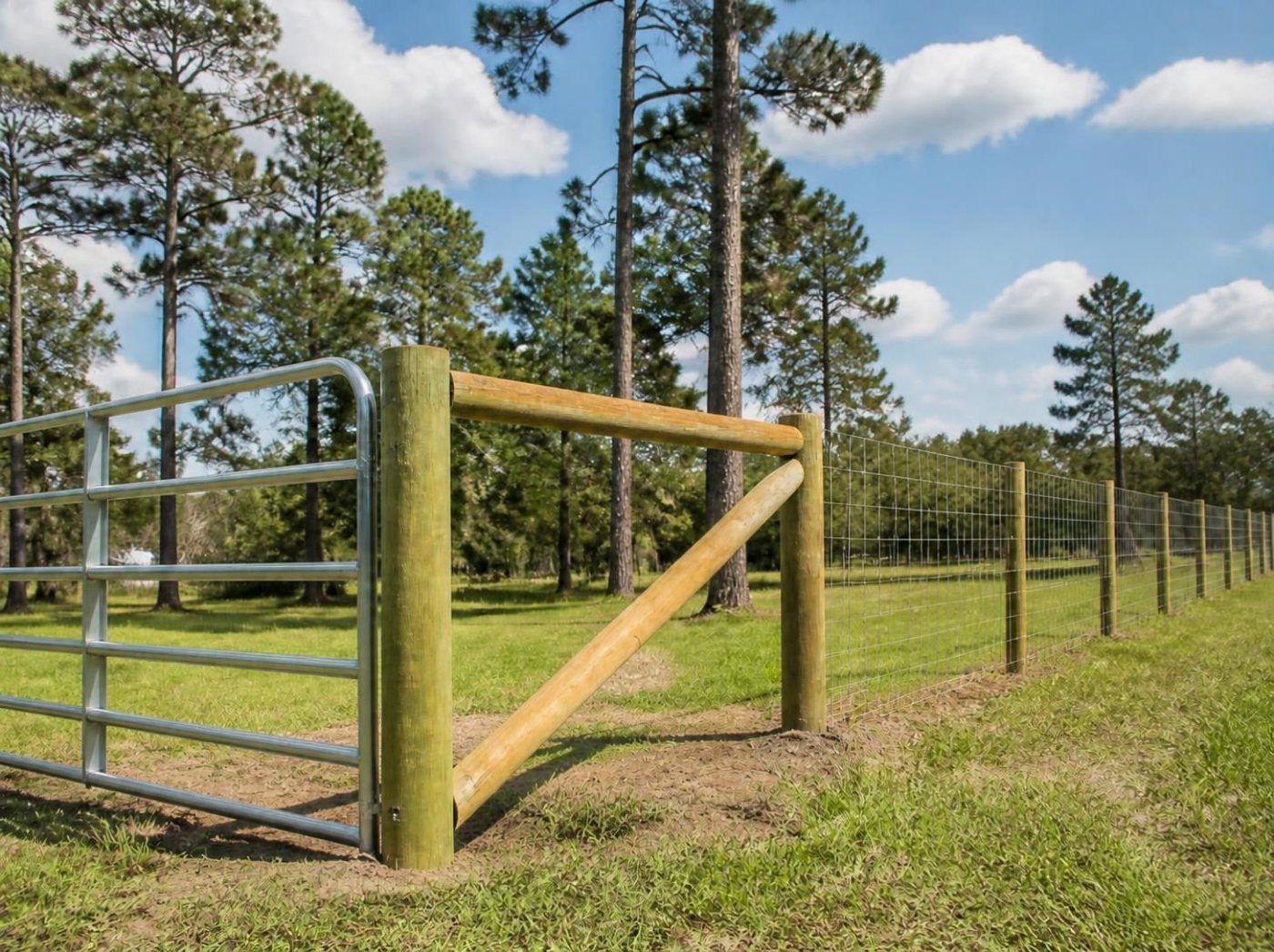 New wood H-brace corner posts beside a galvanized pipe gate under tall pines