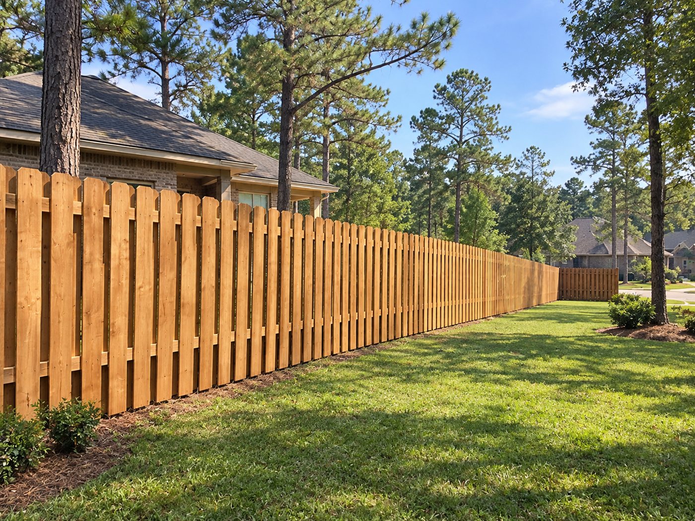 Cedar shadowbox fence running along a backyard lawn under tall pine trees