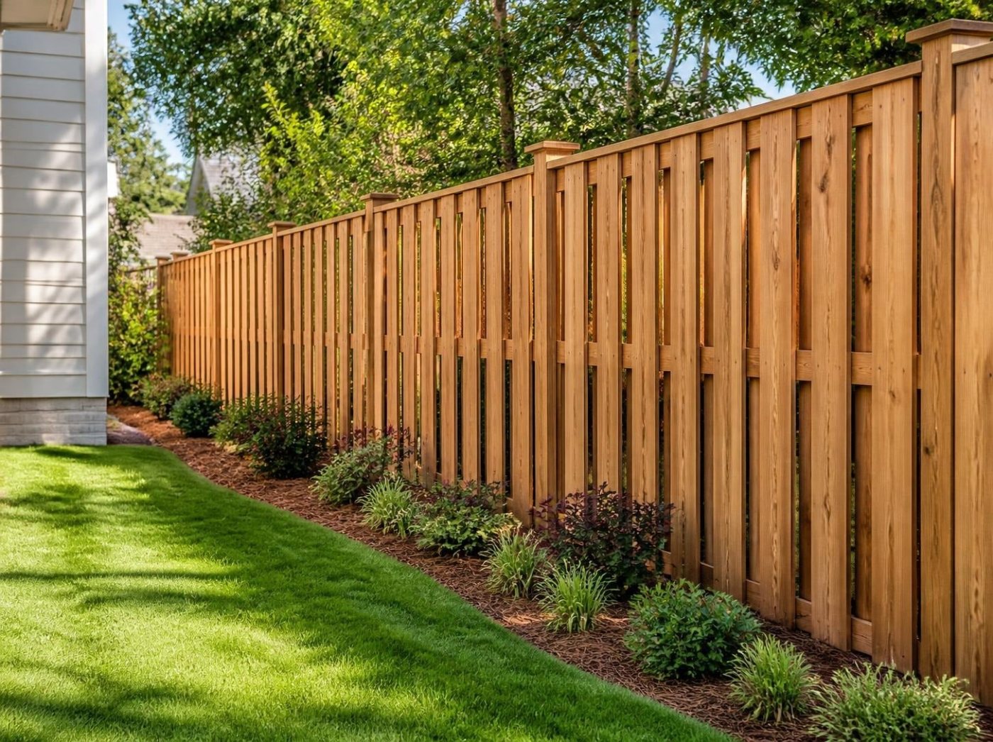 Cedar shadowbox fence with capped posts beside a mulched planting bed