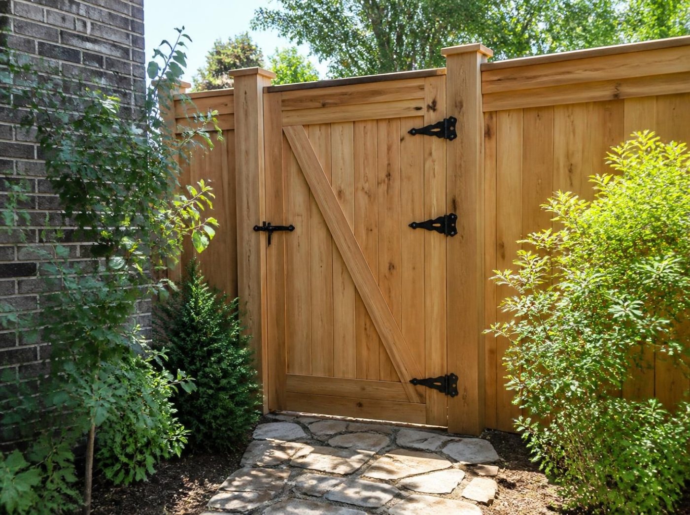 Cedar walk gate with a diagonal brace, black strap hinges, and a slide bolt latch